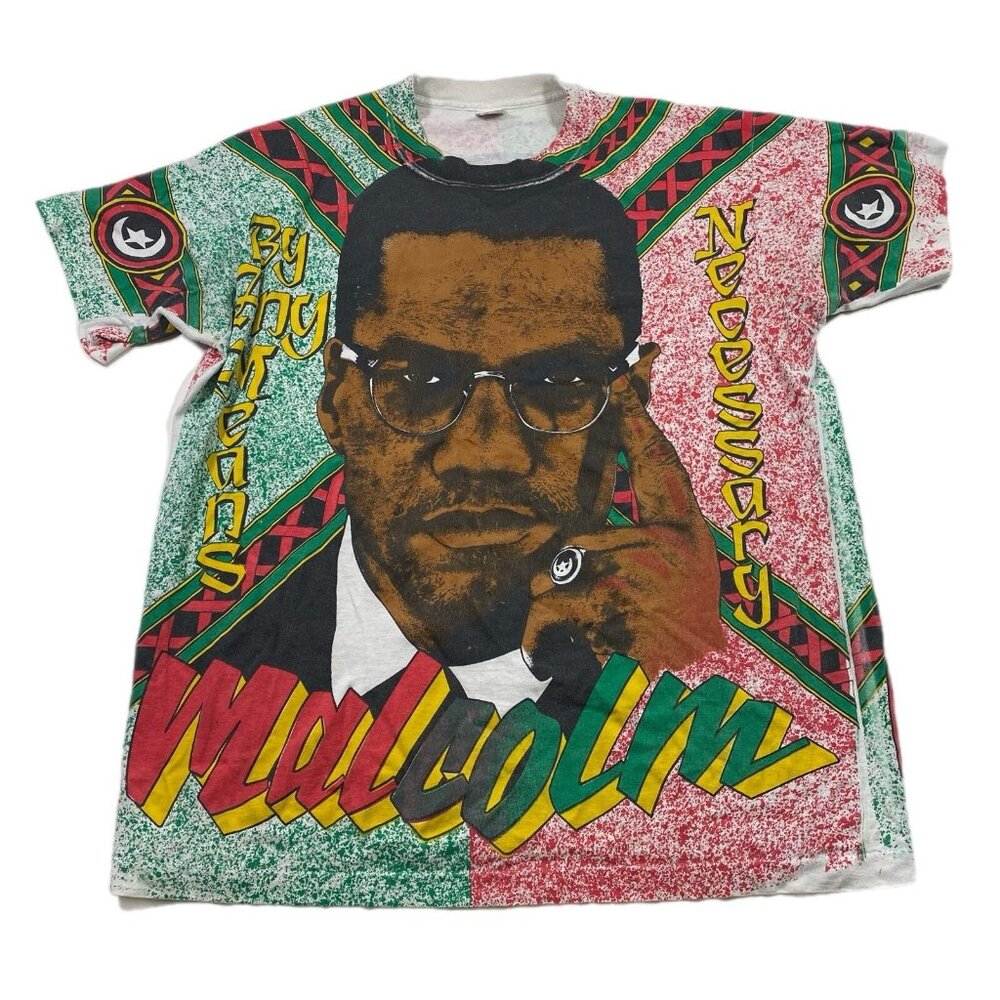 Vintage 90s Malcolm X Multicolor All Over Print Black History T-Shirt USA Sz XL